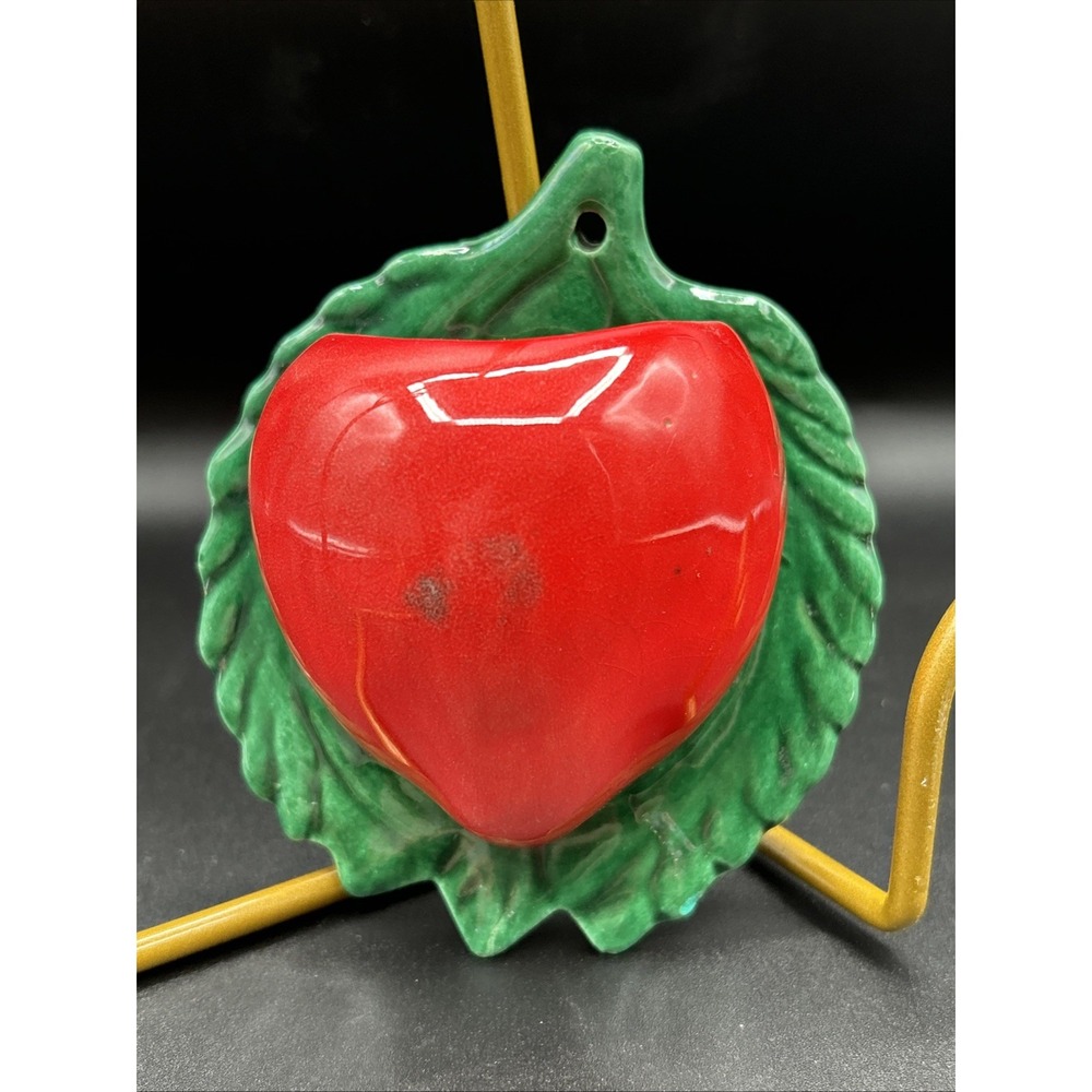 Vintage MCM Red Berry Ceramic Wall Pocket Planter Green Leaf High Gloss